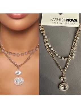 NWT Fashion Nova gold rhinestone layered necklace